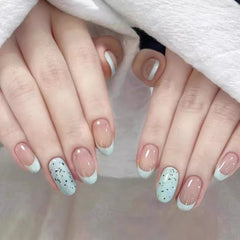 YICKYUE  -  Handmade Refreshing Mint French Short Oval Press On Nails Eggshell Design False Nails Wearable Manicure For Women And Girls