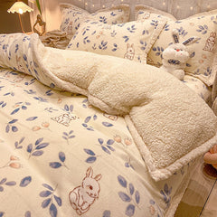 Winter Thickened Lamb Flange Suede Bed Velvet Four-Piece Set Milk Coral Fleece Bed Sheet Quilt Cover Bedding Winter