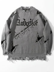 Hearujoy Men's Oversized Distressed Knit Sweater with Embroidered Letters - Gray Casual Streetwear for Fall/Winter, Loose Fit, Long Sleeve, Polyester Blend, Fall Winter Apparel|Distressed Sweater|Decorative Patches