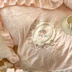 YICKYUE  -  Romantic French Vintage Carved Velvet Lace Ruffles Flowers Embroidery Bedding Set Velvet Fleece Duvet Cover Bed Sheet Pillowcase