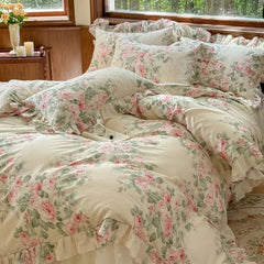 YICKYUE  -  100% Cotton Korean Princess Style Ruffles Flowers Bedding Set Queen King Size Duver Cover Set Quilted Lace Bed Skirt Pillowcases