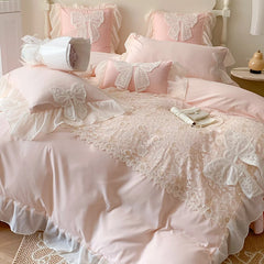 YICKYUE  -  Korean Princess Wind Bedding Set Lace Bow Solid Color Beautiful Edge Lace Pleated Bedding Cover Luxury Girl Wedding Home Bed