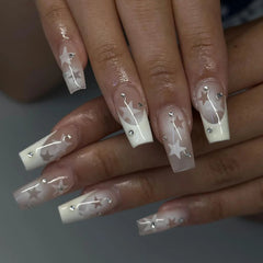 Yickyue  Shiny Rhinestone White Stars French Nail Art Fashion Simple False Nails Detachable Finished Fake Nails Press on Nails with Glue