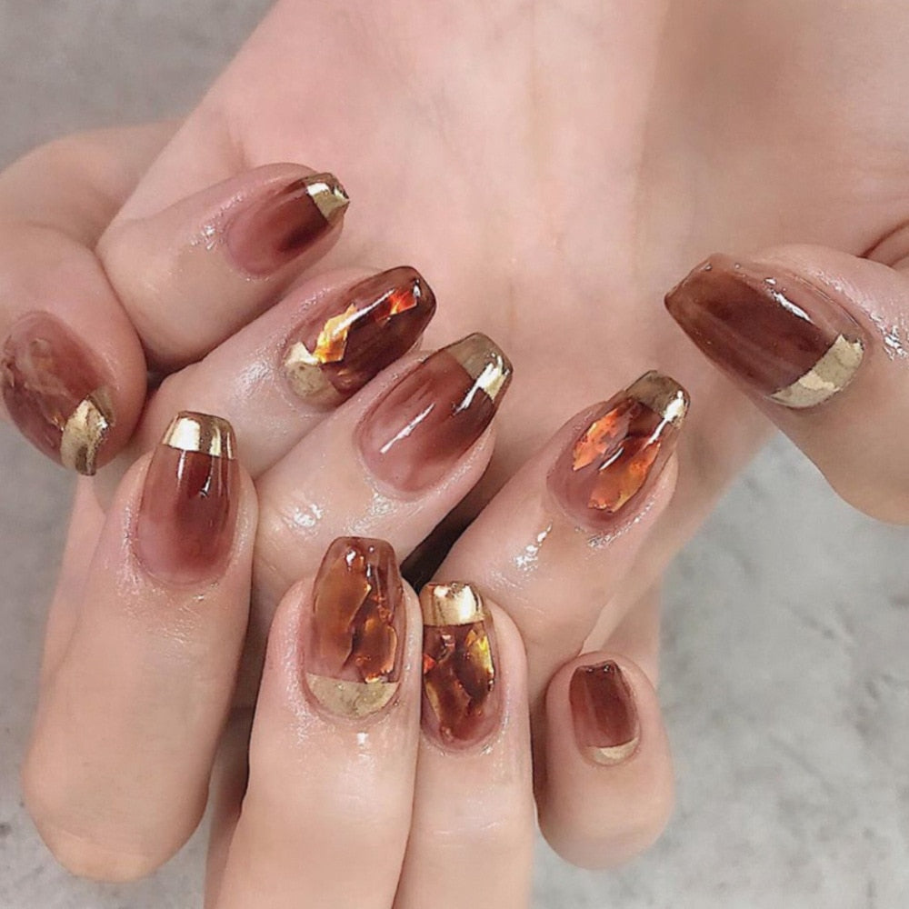 Yickyue 24pcs/Box New False Nails Amber Gold Foil Coffee Short Simple Fake Nails Set Press On Acrylic Nails With Press Glue Detachab