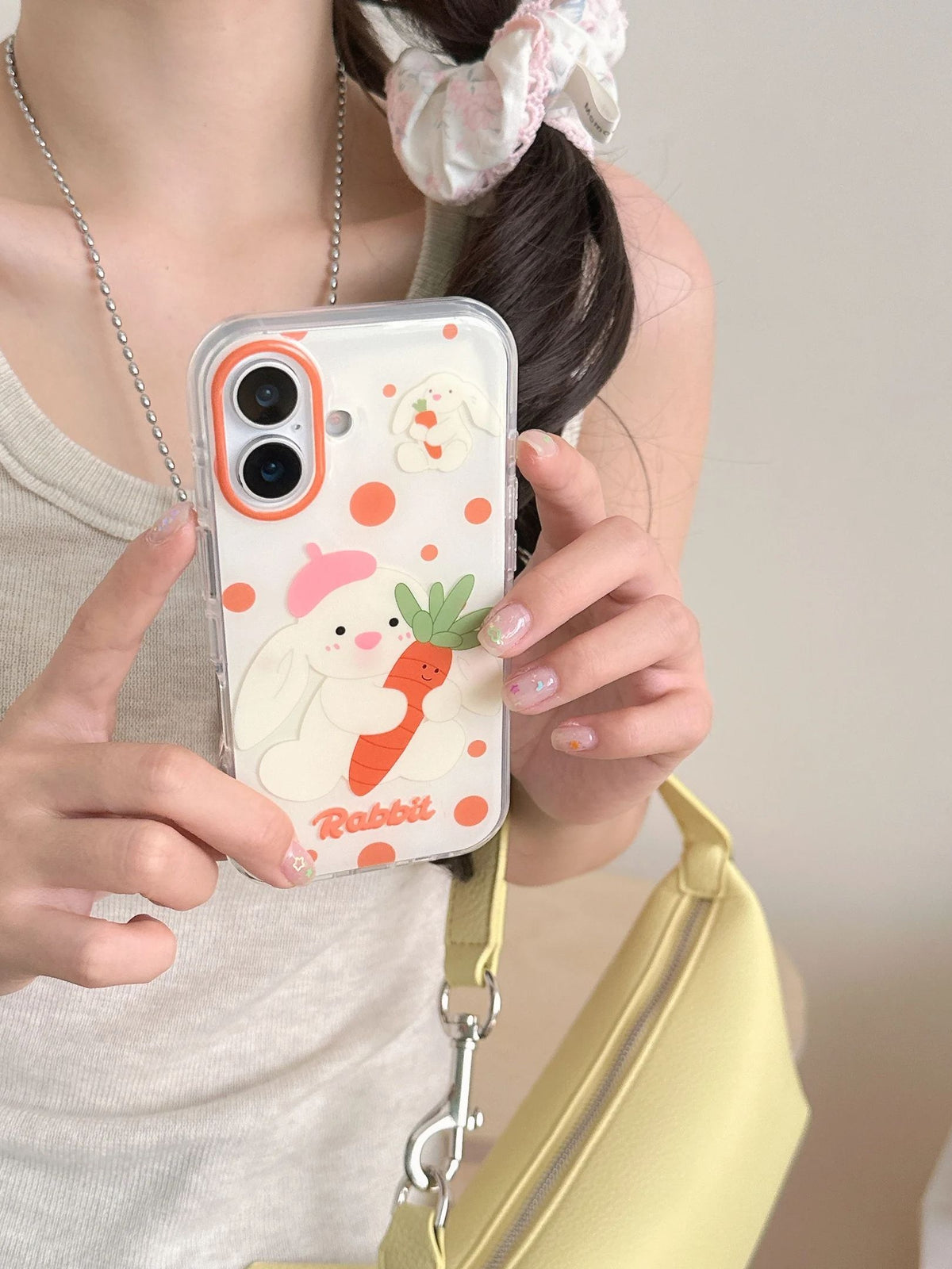 YICKYUE  -  Korean ins Fun Cute Polka Dot Rabbit Carrot Sushi Phone Case for iPhone 16 15 14 13 Pro Max Back Cover Fund