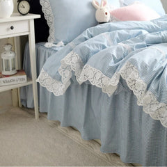 YICKYUE  -  100% Cotton Bedding Set Luxury Blue Plaid Printing Princess Lace Duvet Cover Bed Skirt Bedspread Pillowcases Home Textile