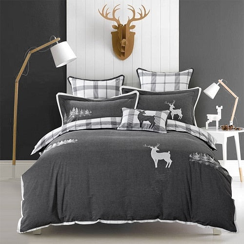 4Pcs 100% Cotton soft Bed sheet set Grey Deer Bedding sets/Bed cover Queen King size Duvet cover bed sheet set Pillowcase Gifts