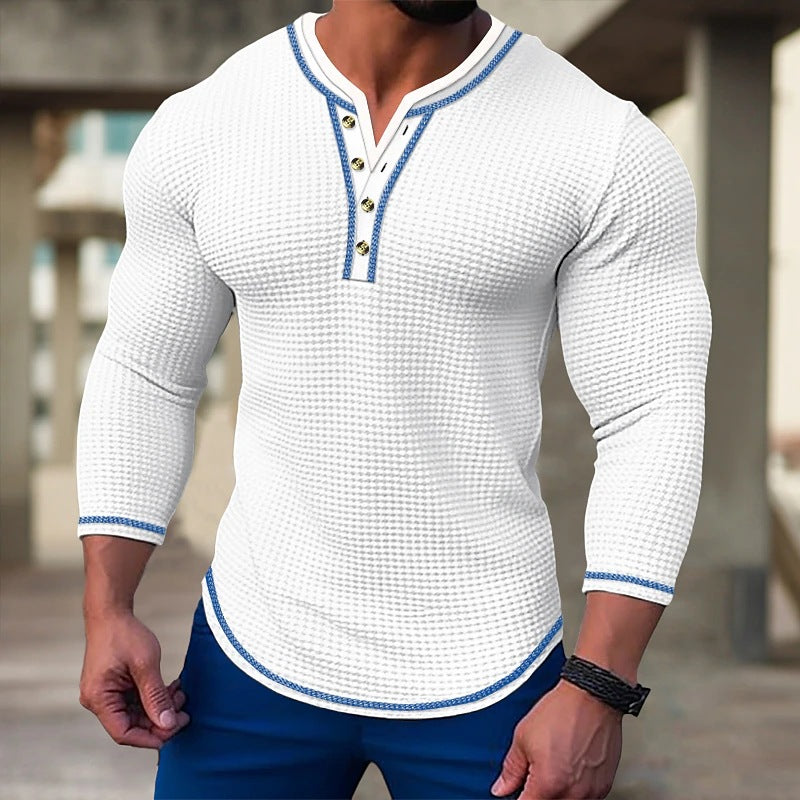Hearujoy waffle Henry Collar Button T shirts For Men Patchwork Long Sleeve Tops Sweatshirt Spring Autumn Fashion Casual Tee Streetwear