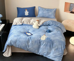 YICKYUE   -  Cute cartoon snowman blue bedding set,full queen king lovely kawaii 100s cotton home textile bed sheet pillow case duvet cover
