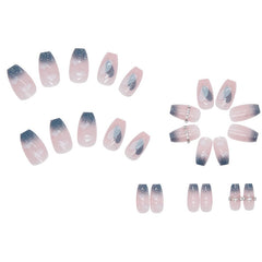 24P Full Coverage Detachable Coffin False Nails Blue Starry Sky with Diamond Wearable French  Long Ballerina Press on Nails Art