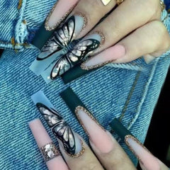 Long Coffin Nails 24Pcs Press On Acrylic Nails Black Butterfly Full Cover Nail Tips For Women And Girl  Free Shipping Items