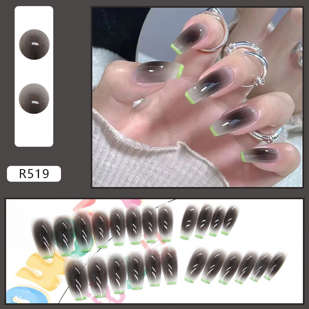 24Pcs Gradient Gray-black False Nails with Green Edge French Long Coffin Press on Finger Nail Fake Nails Women Girls Manicure
