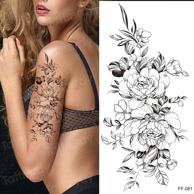 YICKYUE  -  40 Different Styles Black White Rose Peony Tattoo Stickers Waterproof Temporary Sketch Flower Simple Tattoo Sticker for Women