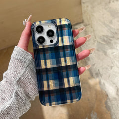 YICKYUE  -  Retro Blue Yellow Color Collision Grid Pattern Shockproof Protective Phone Cover Case for iPhone 16 15 14 13 12 Pro Max