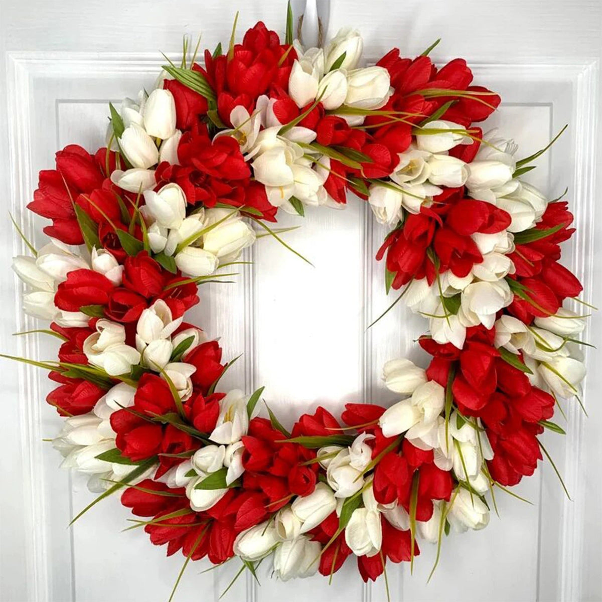 YICKYUE  Simulation Tulip Wreath For Front Door Artificial Wreath Wedding Decoration Round Rattan Wreath Decor For Door Garden