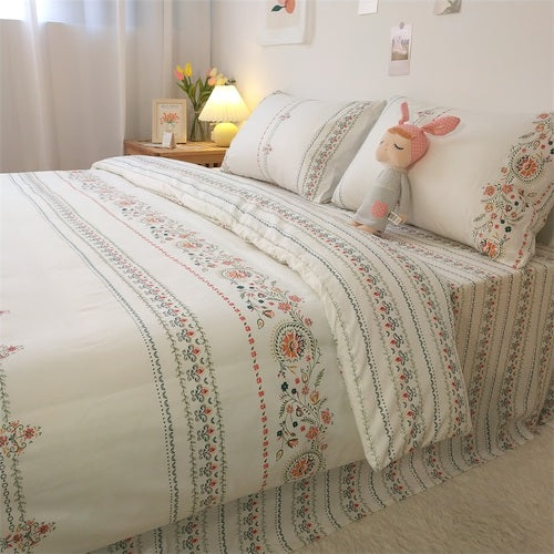YICKYUE  -  Nordic Style Flower Pattern Bedding Set, Bedroom Decor, Girl's Room Flat Sheet Set, Cotton, Comforter Cover, Bedspread, 3/4 Pcs