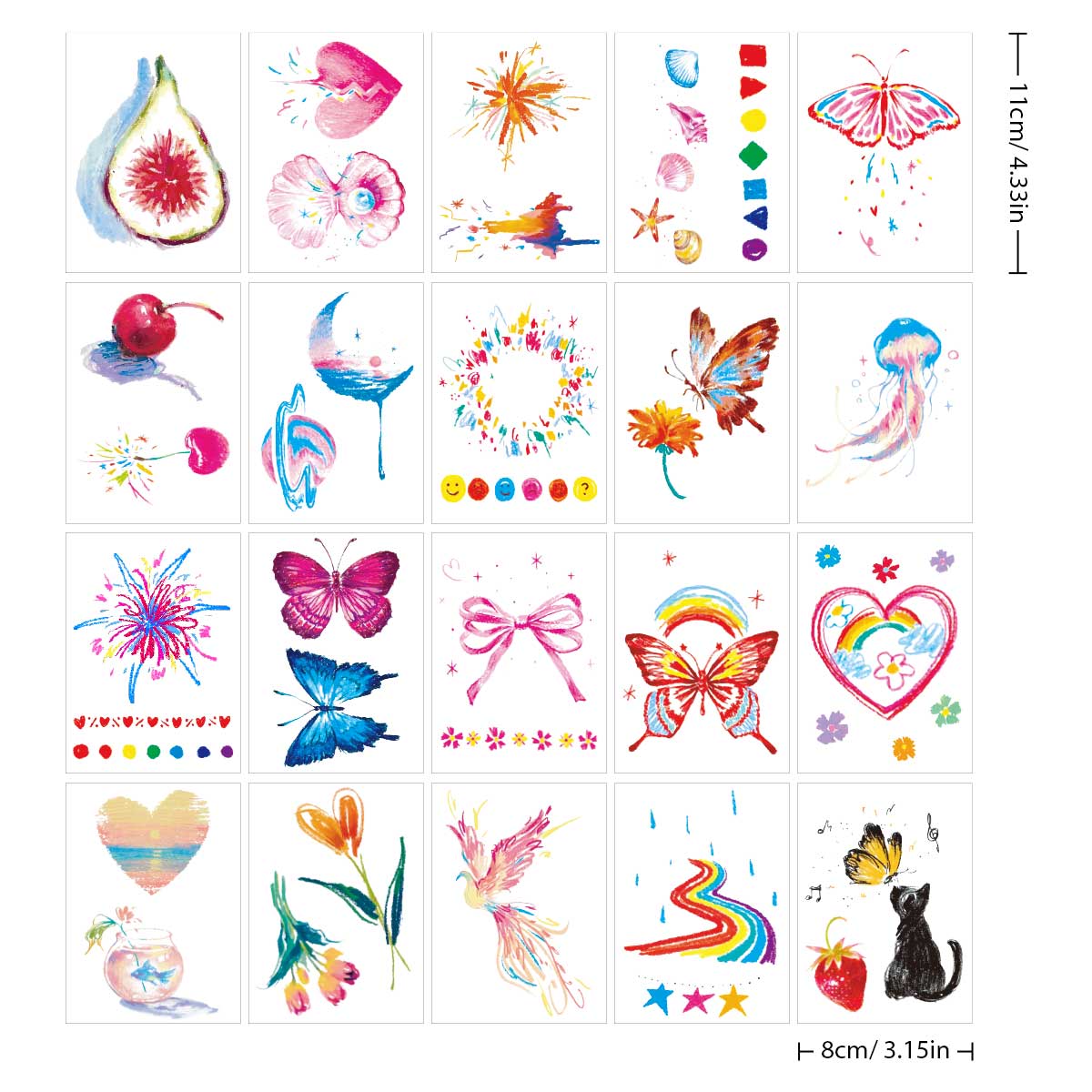 YICKYUE  -  20pcs Colorful Butterfly Temporary Sticker Tattoo Watercolor Flower Heart Body Art Tattoos Waterproof Fake Arm Body Tattoo Girls