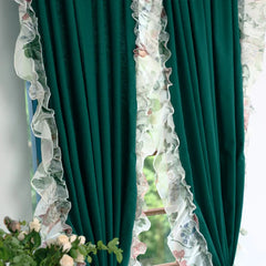 YICKYUE  -  Retro Green Cotton Linen Fabric Window Curtain with Flounced Lace, Customizable Drapes, Bedroom, Living Room, Home Decor