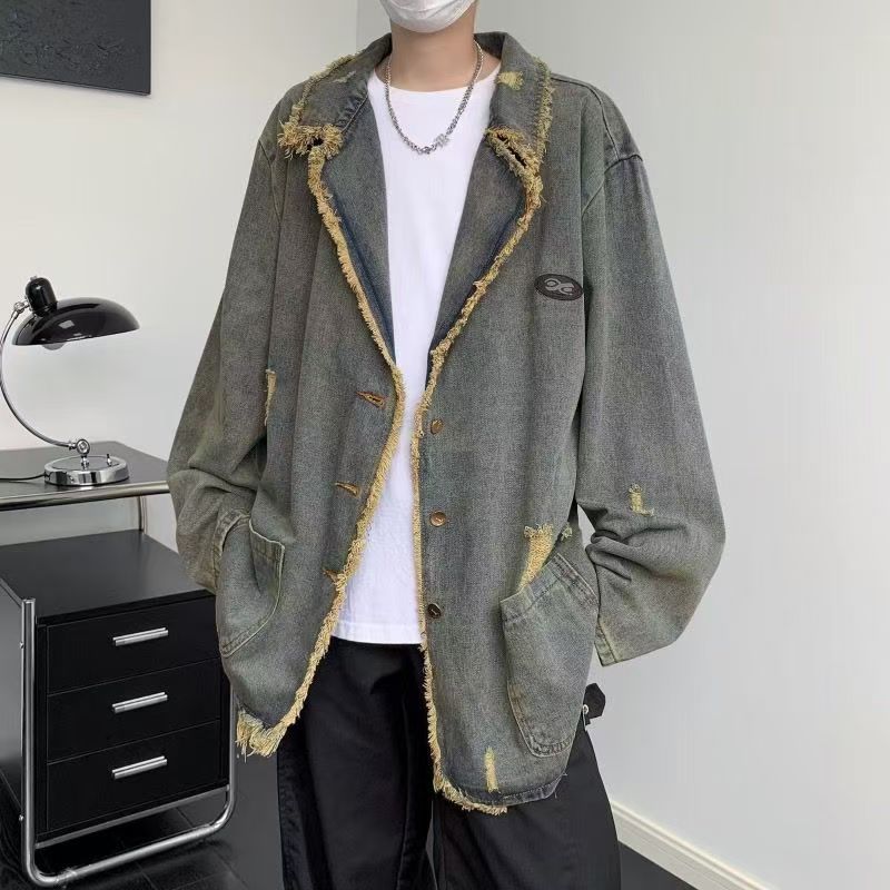 Hearujoy American Vintage Denim Coat Men Women Distressed Broken Hole Tassel Tailored Collar Jeans Wear Spring Autumn Loose Long Jacket