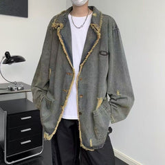 Hearujoy American Vintage Denim Coat Men Women Distressed Broken Hole Tassel Tailored Collar Jeans Wear Spring Autumn Loose Long Jacket