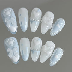 YICKYUE  -  Handmade Press on Nails with Cute Bear Paw Design Light Blue Fake Nails Full Cover Wearable Sweet Korean Almond False Nail Tips