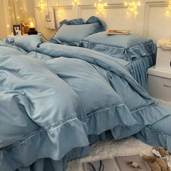 Dark Gray 3/4Pcs Mermaid Long Ruffles Duvet Cover Brushed Microfiber Shabby Chic Farmhouse Comforter Cover Bedskirt 2Pillowcases