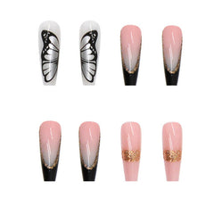 Long Coffin Nails 24Pcs Press On Acrylic Nails Black Butterfly Full Cover Nail Tips For Women And Girl  Free Shipping Items