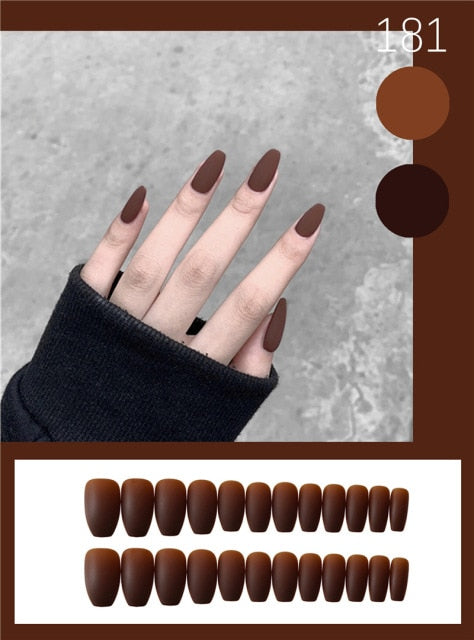 24pcs/set Matte Black Fake Nails with Glue Long Detachable French Tips Stick on Presson Nail Packaging Coffin False Nails Art