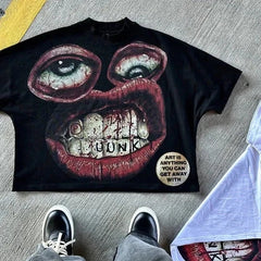 Hearujoy  Y2K Cotton T Shirt Mens Womens Harajuku Hip Hop Big Eyes Mouth Graphic Printed Oversized T Shirt Retro Classic Short Sleeve Tops