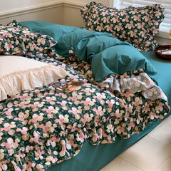 Yickyue 100% Cotton French Vintage Pastoral Princess Landscape Printed Bedding Set Romantic Ruffle Duvet Cover Set Bed Sheet Pillowcases