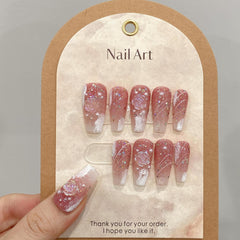 YICKYUE  -  10Pcs Handmade Press on Nails Long Ballet Blue Fake Nails with 3D Ocean Moon Rhinestone Design False Nails Full Cover Nail Tips