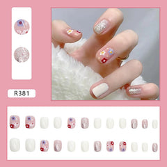 24pcs Short False Nails White Rose Green Leaves Designs Ballerina Art Fake Tips Press On Artificial Full Cover Nails Manicure