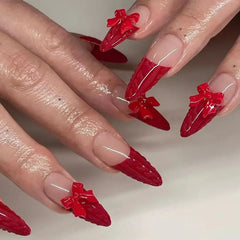 YICKYUE  -  Red Chic French Bowknot Snow Pattern Delicate Heart Nail Art Fake Nail Detachable Finished False Nails Press on Nails Christmas