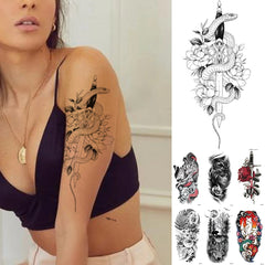 YICKYUE  -  Snake Flower Rose Temporary Tattoo Sticker Flash Waterproof Tattoos Lace Fox Lion Body Art Arm Fake Sleeve Tattoo Women