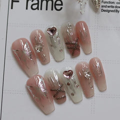 YICKYUE  -  10Pcs Y2k Handmade Press On Nails Long French Coffin Fake Nails Full Cover Butterfly Design Artificial Manicure Wearable Nail Ti