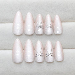 YICKYUE  24Pcs Pink Almond Press-On Nails Glossy Sweety Heart Patterns False Nail Tips with Cat Eye, Mirror Disign for Women&Girls Wear