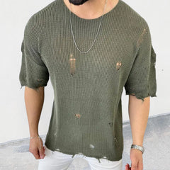 Hearujoy Summer Men Sweater Thin Short Sleeve O-neck Knitted T-shirt Tops Casual Hollow Loose Knit Shirt Pullover Male Streetwear