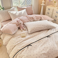 YICKYUE  -  2025 New Floral Lace Cotton Bedding Set - 4PC Korean Princess Style | 100% Pure Cotton