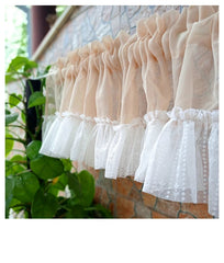YICKYUE  -  Linen Yarn Small Curtain Pink, Light Khaki Short Curtain with Lace Sheer Tulle Window Valance for Door Kitchen Cafe Living Room