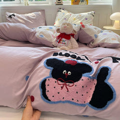 YICKYUE  -  Girl Cartoon Bedding Set Apple Dog Towel Embroidered Water Washed Cotton Four Piece Sets Beds Sheet Student Dormitory Home Decor