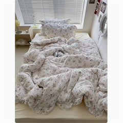 YICKYUE  -  Cute Princess Fashion Lattice Bedding Set Bed Sheet AB Double Sided Ruffle Flower Quilt Cover Pillowcase Bedclothes Home Textile