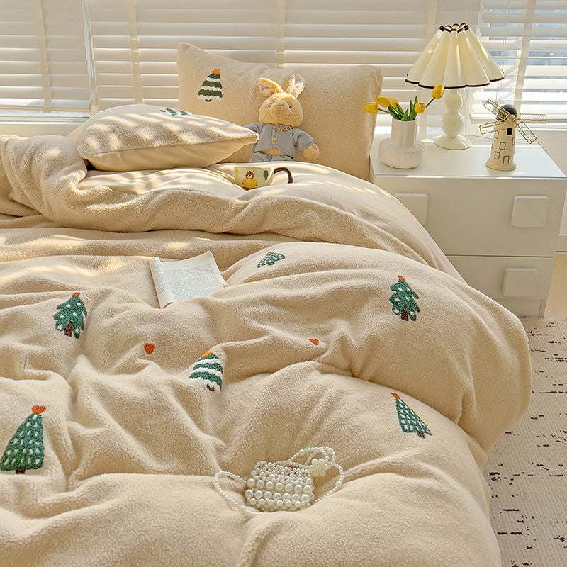 YICKYUE  -  3/4Pcs  Winter Thickened Warm Milk Velvet Christmas Tree Embroidery Bedding Set Duvet Cover Bed Sheet Pillowcase Christmas Gifts