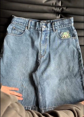 Hearujoy  90s Streetwear Women Retro Kawaii Cartoon Embroidery Shorts Blue Washed Street Hip Hop Baggy Denim Shorts Y2k Jorts Pantalones Cortos De Mujer