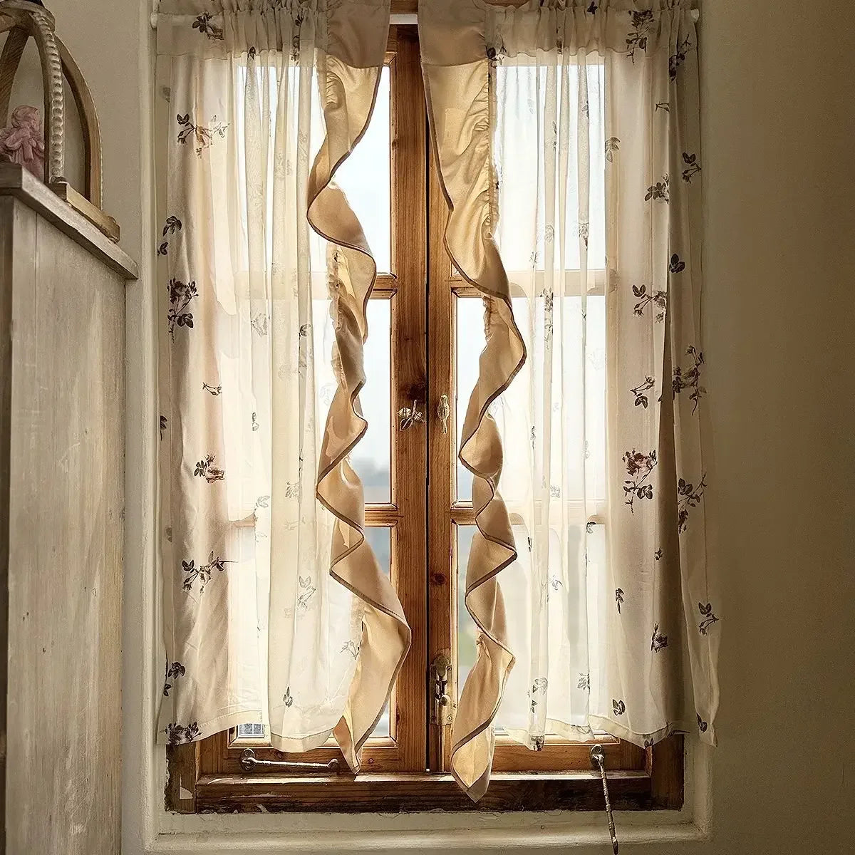 YICKYUE  -  Pastoral Cream White Rose Tulle Curtains Window Decor Embroideried Flounced Window Curtain Home Hotel Cafe Decoration 2pcs/lot