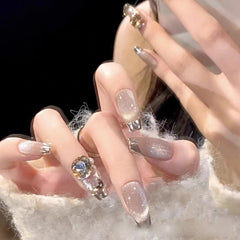 YICLYUE  10pcs Handmade Nail Y2K Fake Nails Champagne Cat's Eye False Nails Full Diamond Mirror French Style Ballet Nails Sweet Cool Girl