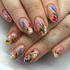 YICKYUE  -  24pcs Spring Flower Press on Nails Ins Simple Almond Fake Nail Tips Full Cover Wearable Sweet Korean False Nails for Girls