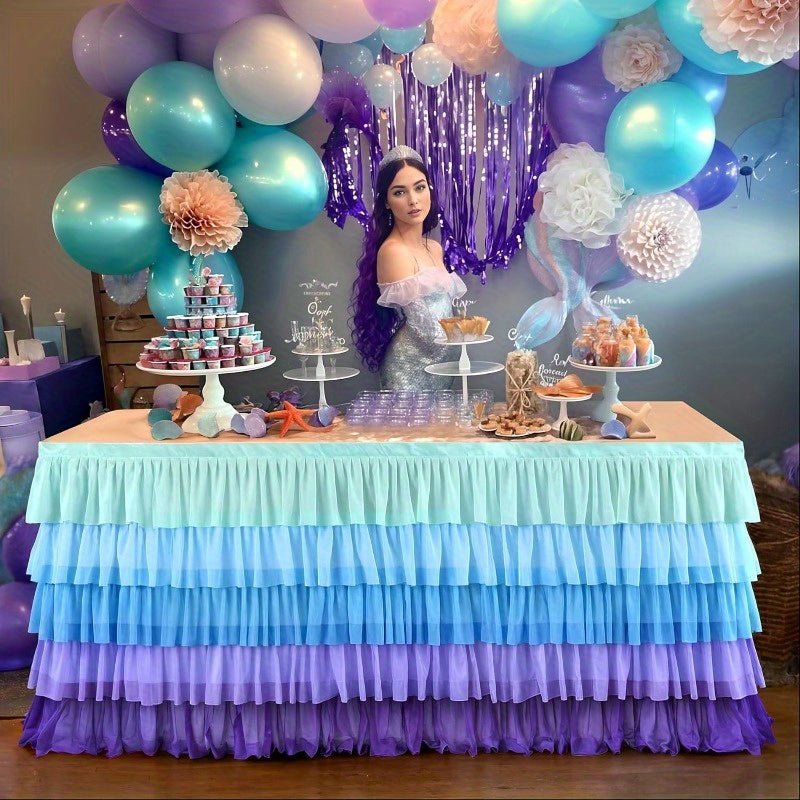 YICKYUE  9ft Mermaid Tablecloth Party Blue Purple Tutu Tulle Table Skirt for Rectangle Round Tables Chiffon Table Decorations for Mermaid Birthday Party Shower Ruffle Table Skirting SKUBESTCM4-2