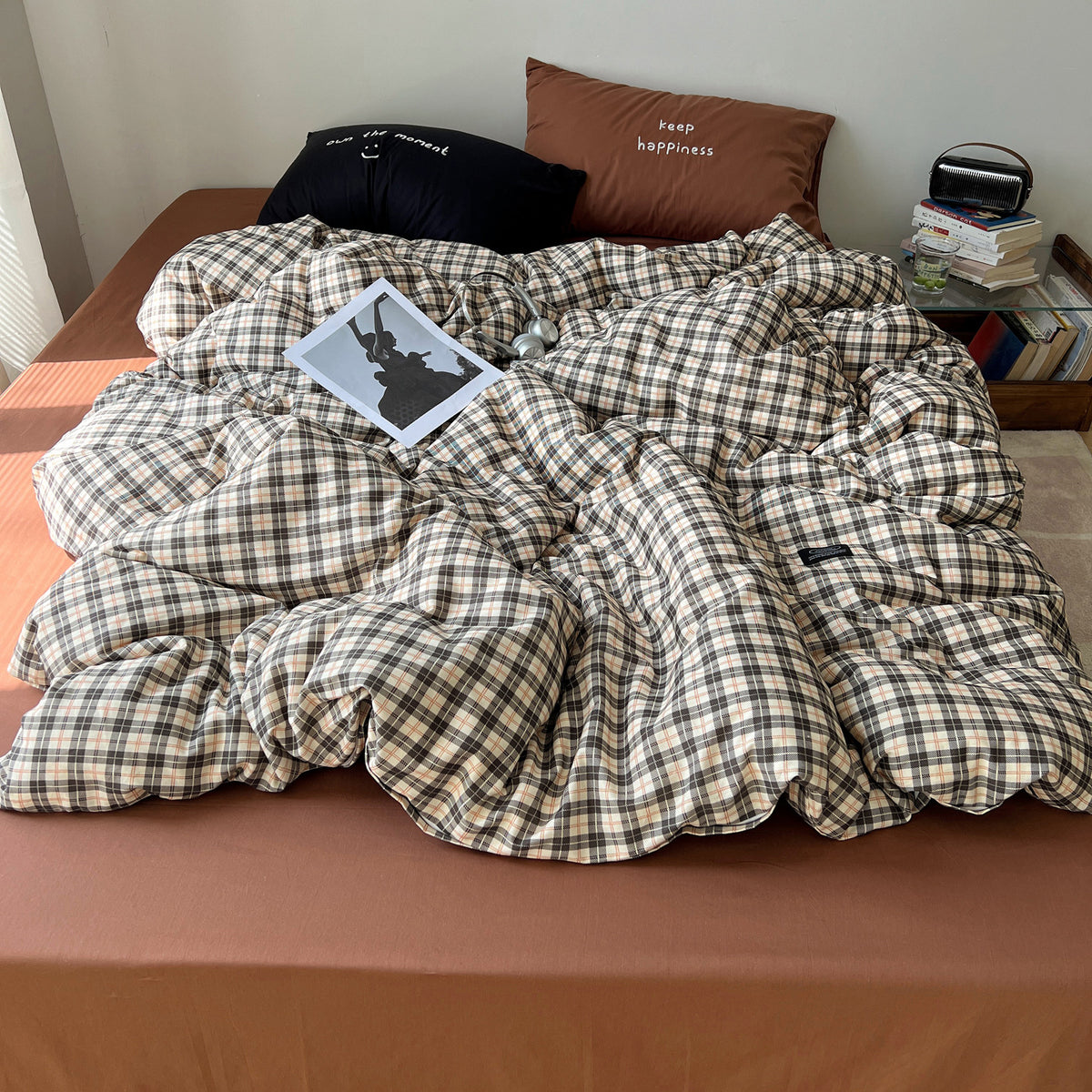 YICKYUE  -  Nordic Style Cotton Plaid 4-Piece Bedding Set – Korean-Inspired Home Linen