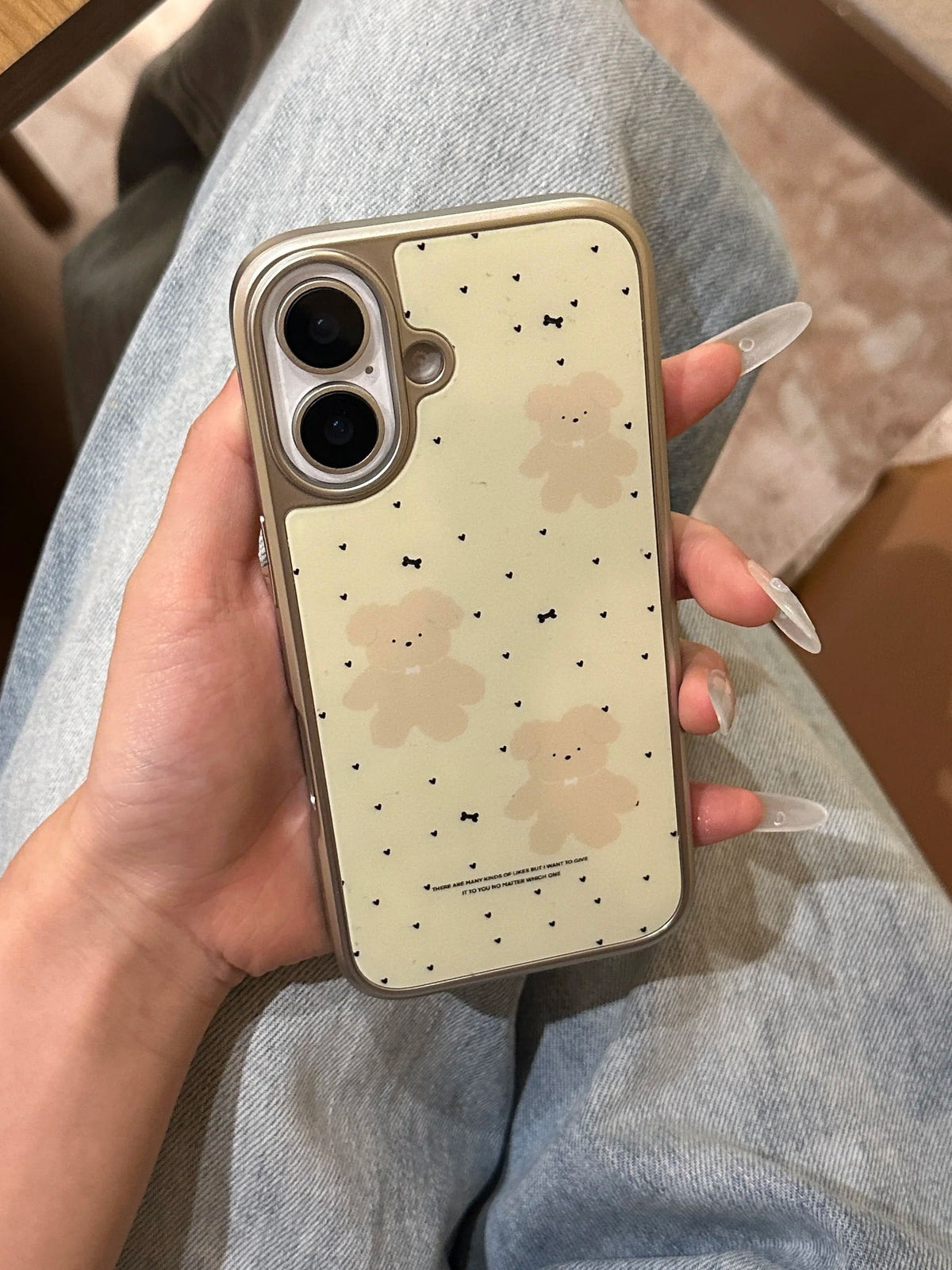 YICKYUE  -  Korean Ins Black Love Heart Cartoon Cute Bear Silver Edge Phone Case for iPhone 16 15 14 13 Pro Max Back Cover Fund
