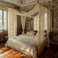 YICKYUE  -  White Canopy Bed Curtains - 2 Panel Sheer Luxury Bed Canopy With Elegant Lace For Full/Queen Bed (No Pole)